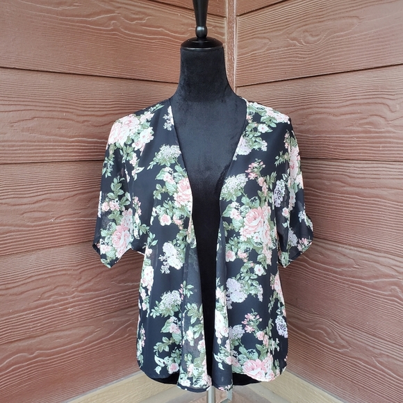 Women's Open Front Black Floral Print Semi-Sheer Kimono Flowy Boho NWOT - Picture 2 of 10